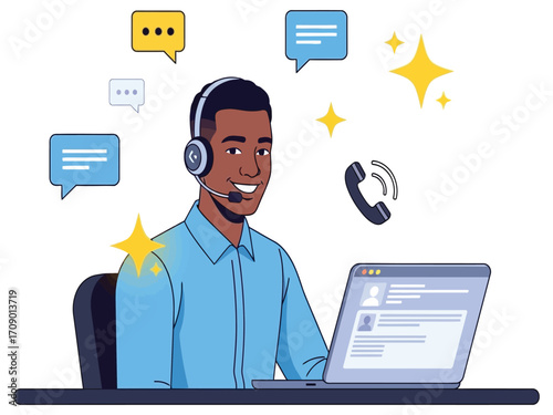 Smiling man with headset at laptop, surrounded by communication icons.