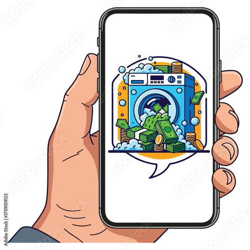Hand holding smartphone showing money laundering concept.