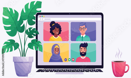 Diverse team in a video conference call with coffee and plant.