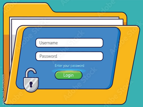 Folder with login screen and unlocked padlock username.