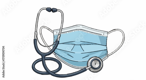 flat vector illustrations A stethoscope rests upon a medical mask. The illustration showcases a focus on health and medical care, symbolizing protection and diagnosis