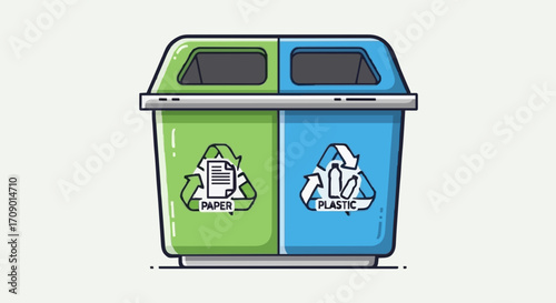 flat vector illustrations A detailed illustration of a recycling bin, with distinct compartments for paper and plastic, promoting environmental consciousness