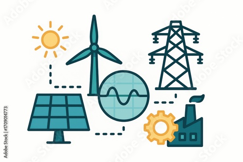 Harnessing renewable energy through innovative technologies with wind turbines, solar panels, power plants, and electrification emphasizing sustainability principles and ecological responsibility