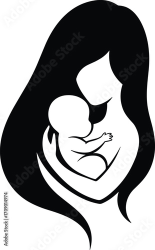 Mother holding baby silhouette vector, maternal love illustration, family care concept, mom and child logo design, motherhood affection graphic art