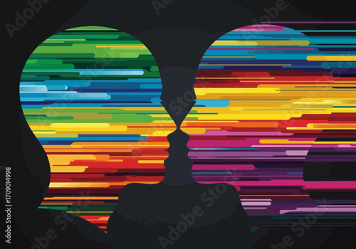 Vector art of two abstract profiles facing each other with colorful horizontal lines
