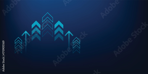 business arrow up growth technology on grid line dark blue background. graph stock market trading investment. chart trend profit income.