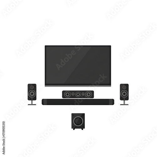 Home theater setup with speakers, sound bar, subwoofer, and television screen