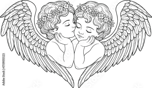 Romantic kissing cherubs illustration, vintage angel art, floral crown cupids, heart wings sketch, baroque line drawing, love concept design
