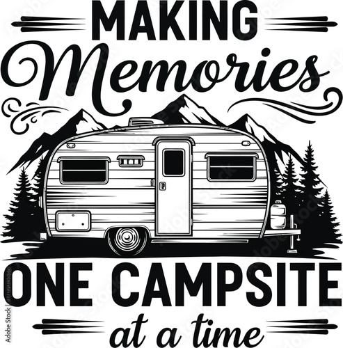 Making memories one campsite at a time vintage camper van surrounded by pine trees and mountains