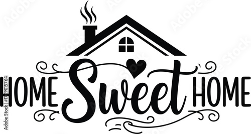 Cozy home sweet home lettering with a charming house silhouette and decorative flourishes