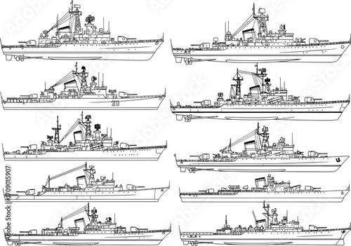 Collection of detailed line art illustrations of various historical battleships in a grid layout