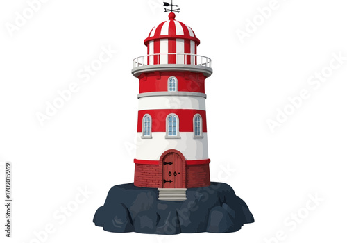 Vector art of a red and white striped lighthouse standing tall on a dark rocky base