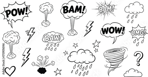 Comic Book Sound Effects and Graphics Collection with Explosions and Weather illustration vector
