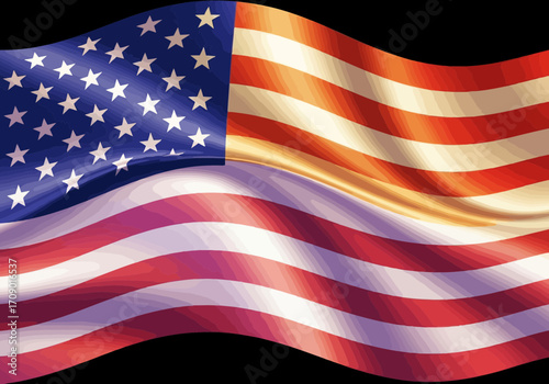 Vector art of waving american flag with stars and stripes, symbolizing patriotism and freedom, against a