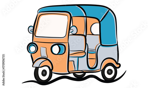 Blue Orange Asian Style Taxi Three Wheels Tuk Tuk Auto Rickshaw City Rider Vector Illustration