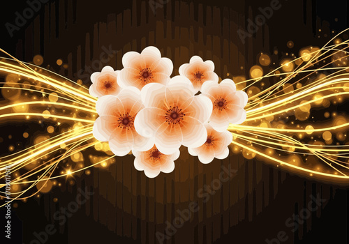 Vector art of abstract glowing golden light streaks and bokeh effects emanating from a cluster of delicate white and orange flowers on a dark textured background