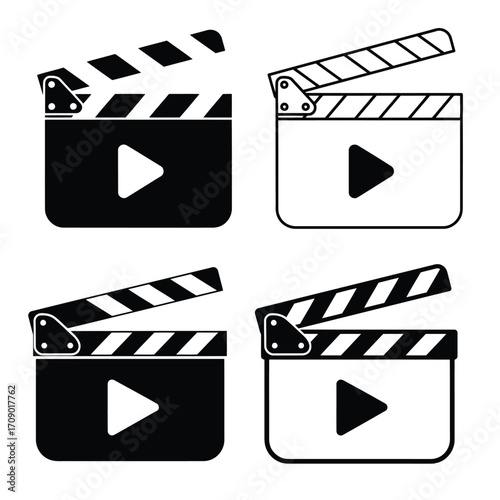 Four Clapperboards with Play Button Icons in Black and White vector illustration