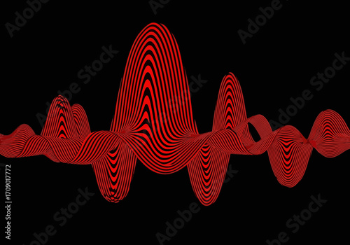 Vector art of abstract 3d red waveform or sound wave pattern with black stripes, rendered against a solid, suggesting audio or data visualization