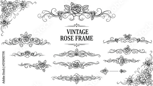 Vintage rose frame design, floral ornamental borders, decorative hand-drawn roses, elegant classic floral elements, romantic vintage corner embellishments