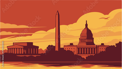 Washington dc skyline featuring iconic landmarks capitol, washington monument. Perfect for travel guides, brochures, city promotions, and tourism websites.