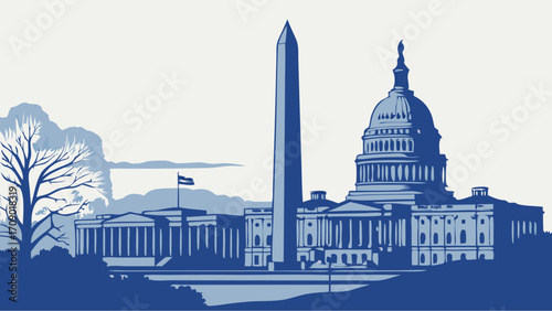 Washington dc skyline with monument and capitol building. Suitable for travel brochures, patriotic designs, educational materials, and citythemed projects.