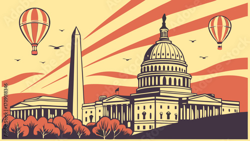 Washington dc skyline with iconic monuments  perfect for travel brochures, patriotic designs, educational materials, and governmentrelated projects needing a cityscape.