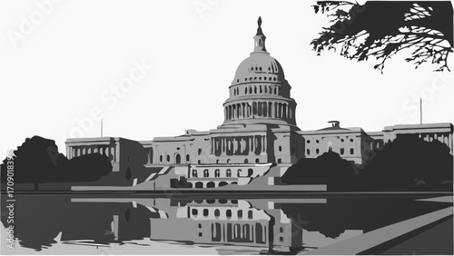 Washington d. C. Skyline and u. S. Capitol building reflected in pool. Suitable for travel articles, patriotic themes, political commentary visuals.