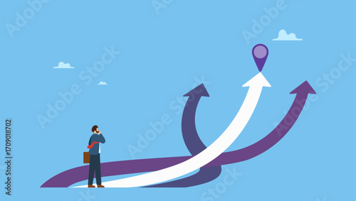 Confused businessman aiming at future purpose arrow. Finding purpose, objective and motivation to achieve goal, existential crisis to discover life meaning, challenge to define business target.