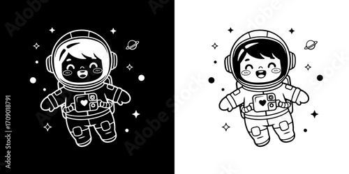 Joyful cartoon astronaut floats serenely through starry cosmos, radiating wonder and adventure