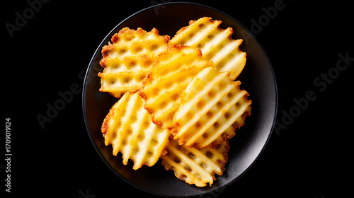 Golden waffle fries on a black plate, showcasing crisp texture and a crisscross pattern. Ideal for food blogs, menus, snack ads, or culinary content with a modern, appetizing look.
