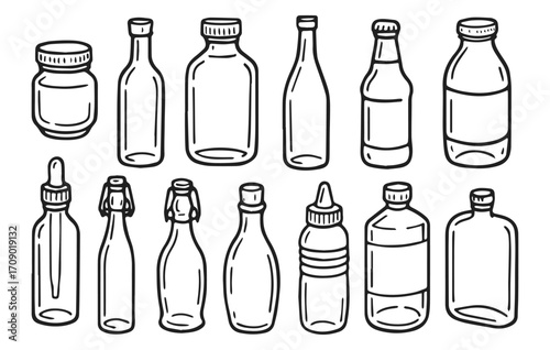 Bottle and jar doodle collection isolated on transparent background, generative ai
