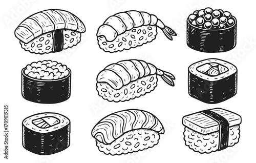 Sushi doodle collection isolated on transparent background, generative ai