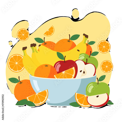 Colorful vector illustration of fresh fruit bowl with oranges, bananas, and apples.Vector illustration of a fresh fruit bowl with oranges, bananas, and apples in a colorful flat style, representing he