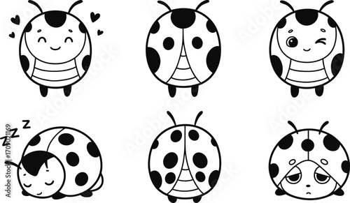 Cute cartoon ladybug characters, various emotions, sleeping, winking, happy, sad, kawaii insects, adorable bugs, children’s illustration, black and white vector.