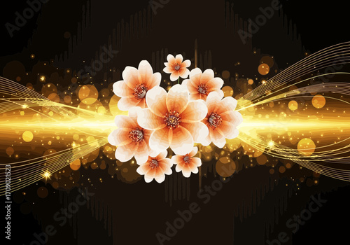 Vector art of abstract glowing golden light streaks and bokeh effects with a cluster of delicate white and orange flowers on a dark background