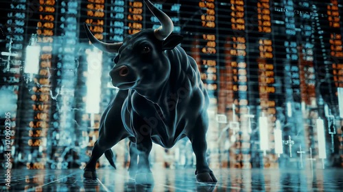 Dynamic Bull Sculpture Before a Stock Market Display Board in Blue and Orange Hues