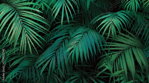 Lush Green Tropical Palm Leaves in Dense Natural Background