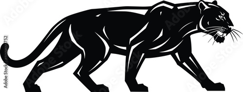 Black panther silhouette, prowling wild cat vector art, aggressive big cat illustration, tribal style jungle animal graphic design.