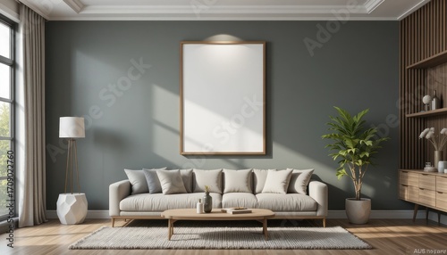 Modern living room with blank frame, sofa, decor, and plant, ready for design ideas