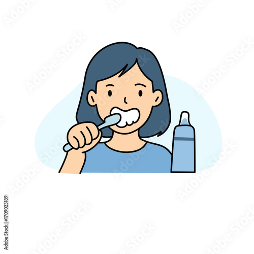 Young Woman Brushing Teeth with Toothbrush and Glass of Water.