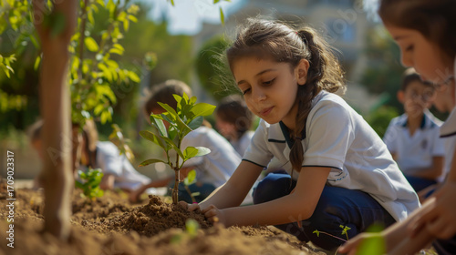 School children planting trees on International Day of Forests, environmental care, lush greenery, natural daylight, outdoor community activity, joyful teamwork