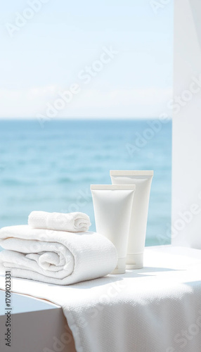 Minimal skincare tubes with towels in bright coastal sunlight