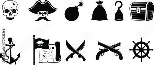 Pirate Icons with Skull Anchor and Crossed Swords on White Background vector illustration