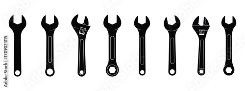 Set of Black Silhouette Wrenches and Adjustable Wrenches on White spanner tool