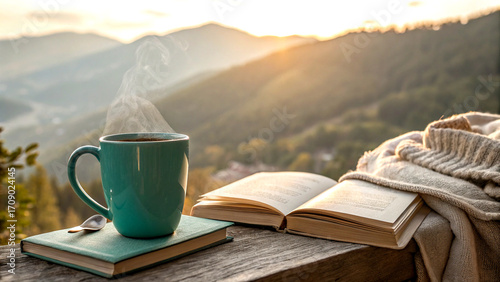 Teal mug with book and blanket overlooking sunrise mountains