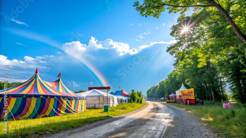 Colorful tents on rainbow path at vibrant festival