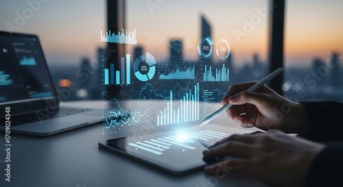 Data analysis Holographic projection showing graphs and charts on tablet with cityscape in background modern technology concept