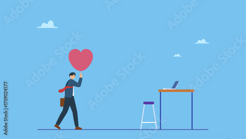 Happy businessman holding passionate heart shape walking to work. Work passion to motivate and inspire employee to achieve career success, love your job or happy and enjoy working dream job.