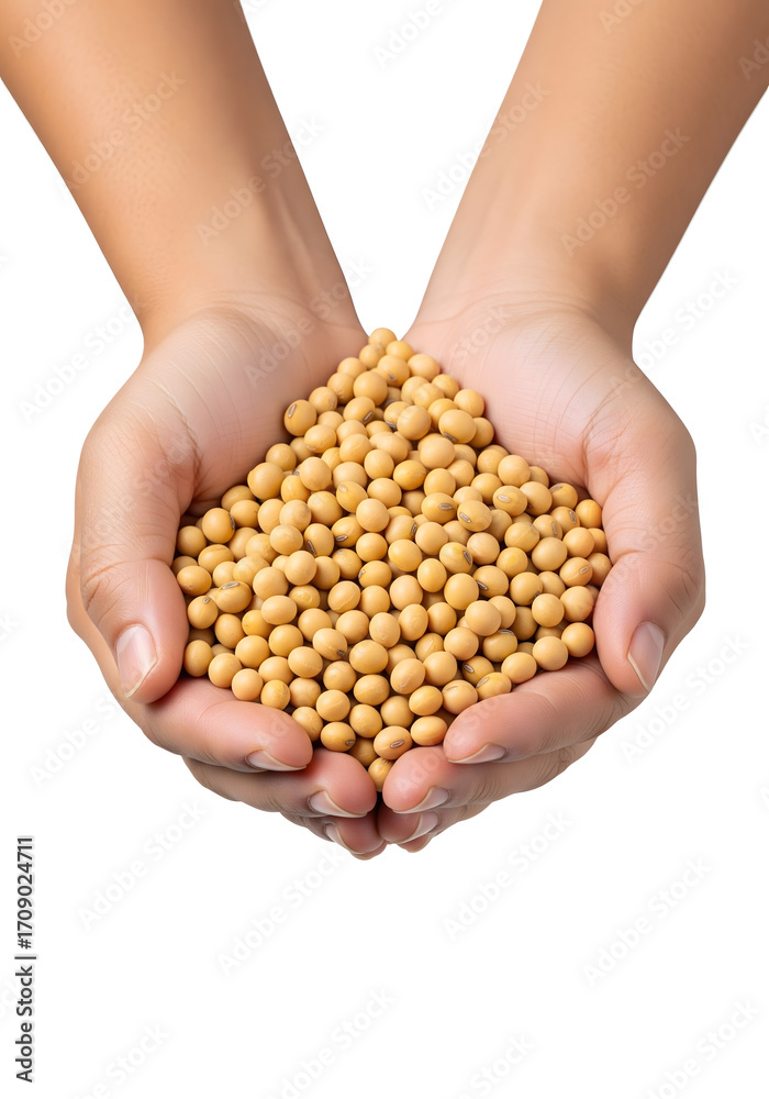 Obraz premium Hands holding a heap of raw soybeans isolated on white background, natural organic agricultural product for food, farming, nutrition, and healthy plant-based protein source