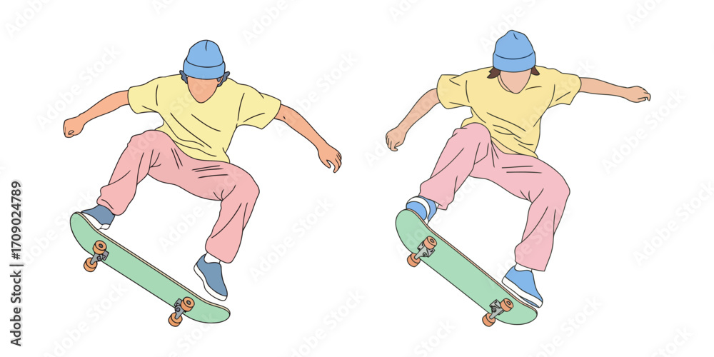 Obraz premium Vector illustration of a young man performing skateboard tricks in two different poses
